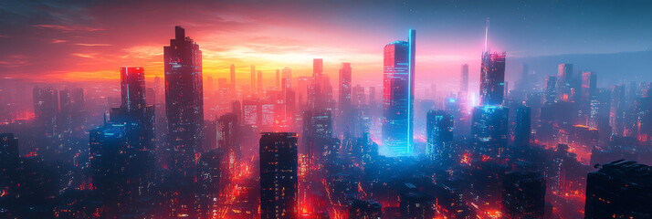 Futuristic cityscape with neon lights at sunset.