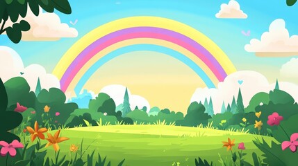 Wall Mural - Rainbow Over a Lush Green Meadow with Colorful Flowers