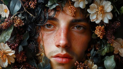 Poster - Intriguing Portrait of a Man Surrounded by Flowers