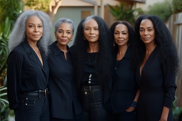 Four African American women with grey hair, wearing black outfits, smiling and standing together outdoors.