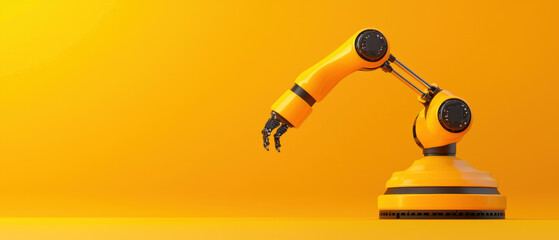 Yellow industrial robotic arm on a vibrant orange background.