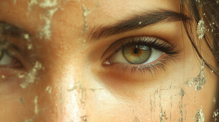 Canvas Print - Close-up of a woman's green eye with long eyelashes,  partially obscured by a textured surface.