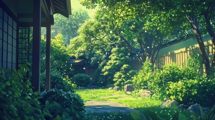 Japanese-style home with a lush green garden and stone pathway