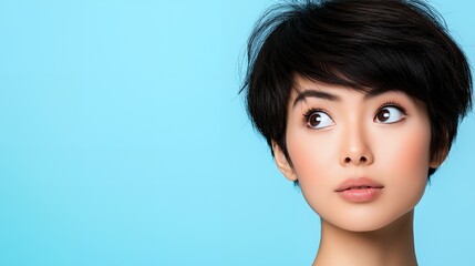 Canvas Print - Close-up portrait of a young woman with short black hair, looking up and to the side, against a light blue background.