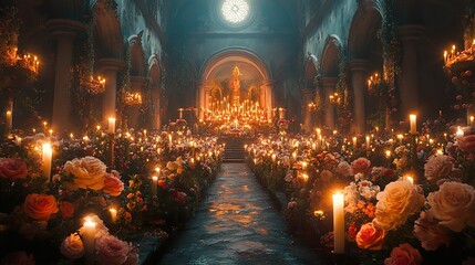 Wall Mural - Candlelit Church Interior with Floral Decorations