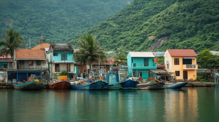 Colorful houses line a harbor with fishing boats docked in front of a lush green mountain.