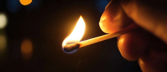 Hand with a burning match in the dark.