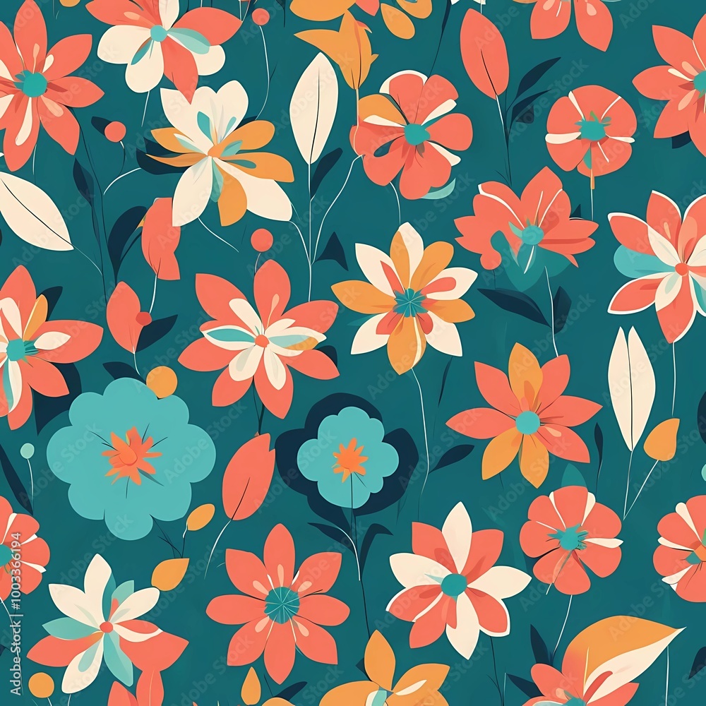 The bold pattern displays artistic flowers in flat colors, achieving a ...