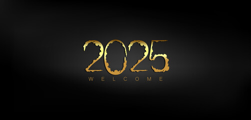 Wall Mural - Happy New Year 2025 in shimmering gold on a deep black background conveying a sense of joy and new beginnings