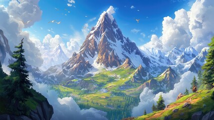 Wall Mural - Majestic Snow-Capped Mountain Peak with Valley and Clouds