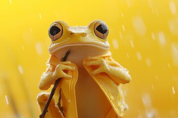 Wall Mural - A yellow tree frog with big eyes is sitting on a stick in the rain.