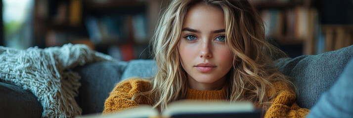 Wall Mural - Young woman relaxing on a couch, reading a book.