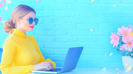 Wall Mural - Young woman in yellow sweater and sunglasses using laptop.