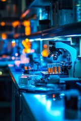 Poster - A modern laboratory setup featuring advanced imaging and testing equipment, illuminated with blue and orange lighting. scene captures microscope and test tubes, creating vibrant and dynamic atmosphere