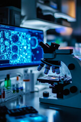 Poster - A modern laboratory setup featuring advanced imaging and testing equipment, including microscope and high resolution monitor displaying intricate cellular images. environment is illuminated with cool
