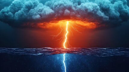 Dramatic Lightning Strike Over Ocean Surface  Stormy Sky  Sea  Water  Nature  Weather  Clo