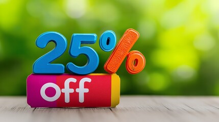 Colorful 25% off sale sign on wood with green background.