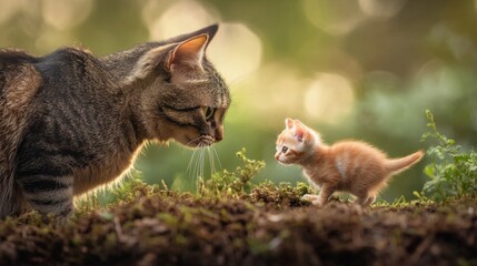 Poster - A stunning image of a baby bird being watched by a curious cat, capturing the playful dynamics of nature and the interactions between different species.