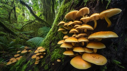 Aufkleber - A stunning photograph of mushrooms growing on the side of a tree trunk in a dense forest, highlighting the symbiotic relationship between nature and fungi.