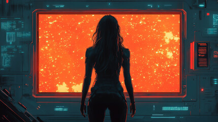 A woman in a futuristic setting gazes at a starry expanse.