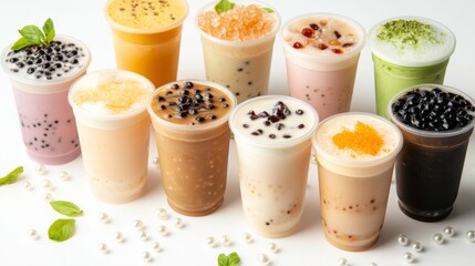 Poster - A variety of bubble tea cups in different flavors, including matcha, taro, and brown sugar, arranged neatly on a white background with pearls scattered around.