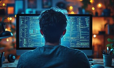 Person working on a computer with code in a dimly lit room.