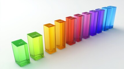 Leinwandbilder - A vibrant 3D bar chart with rainbow-colored bars, each one labeled with clear data, set against a simple white background for an eye-catching presentation.