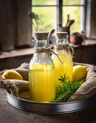 Two glass bottles filled with a yellow liquid, possibly lemonade, with lemons and herbs on a tray