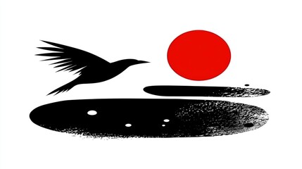 Poster - Bird Silhouette Flying Over Pond with Red Circle