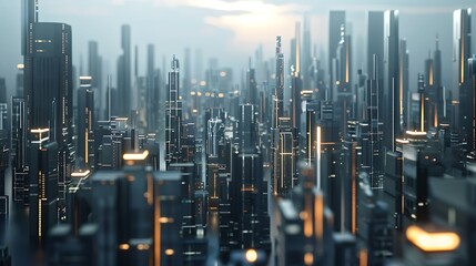 Poster - futuristic cityscape with towering skyscrapers and glowing lights, creating a sense of wonder and an