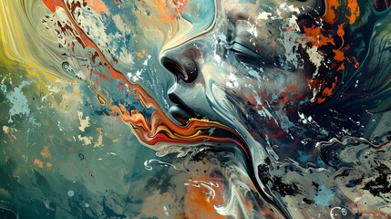 Poster - abstract digital painting featuring a swirling blend of colors resembling a face submerged in a colo