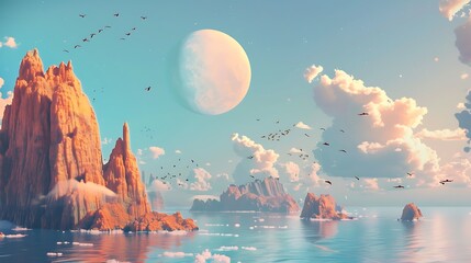 Wall Mural - digital painting of a fantasy landscape with a large moon, mountains, and birds flying in the sky.