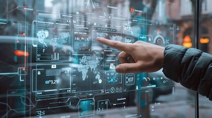 Fototapete - Hand reaches out to touch a digital interface, showcasing futuristic technology and data visualization.