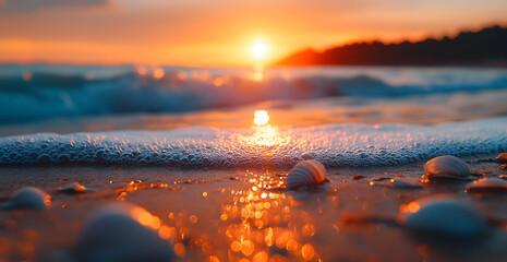 The sun is setting over the ocean, casting a warm glow on the sand and shells