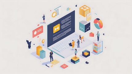 Poster - illustration depicting a digital marketing strategy with people working on a laptop data analytics social media and tools for online engagement brand growth and business promotion concept.