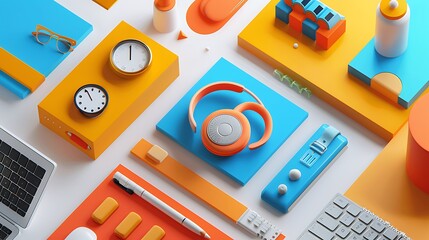 Poster - Minimalist 3D still life with a focus on modern objects and vibrant colors, arranged in a graphic, geometric composition.