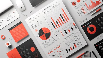 Poster - Flat lay shot of various data charts graphs and reports with papers scattered on gray surface and pens for analytical work and business planning concept.