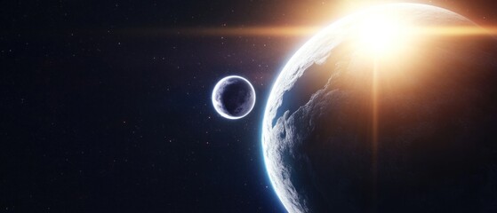 Luna eclipse in space . concept showing the moon, planet Earth and the bright sun