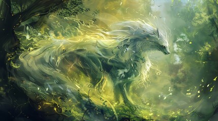 Wall Mural - mystical wolf emerges from the vibrant green forest, surrounded by glowing light and swirling patter