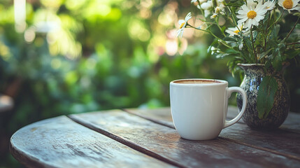 A white coffee cup on a rustic outdoor table in a garden, surrounded by greenery.