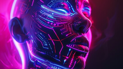 Poster - Portrait of a cyberpunk woman's face with glowing neon lights, highlighting futuristic technology and digital aesthetics.