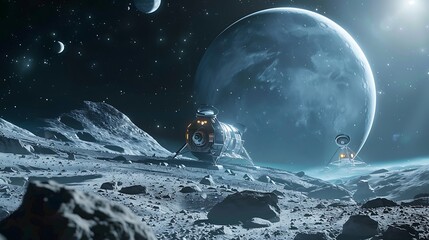 Wall Mural - spacecraft lands on the surface of a distant moon, with a large planet in the background and stars i