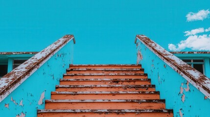 Wall Mural - Abandoned Rusty Staircase with Blue Walls and Dramatic Lighting   Vintage Decay Aesthetic