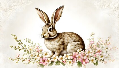 vintage Easter bunny surrounded by colorful floral decorations