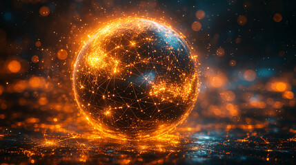 abstract glowing network globe with bokeh background - orange, blue, futuristic, digital, technology, connection, network, global