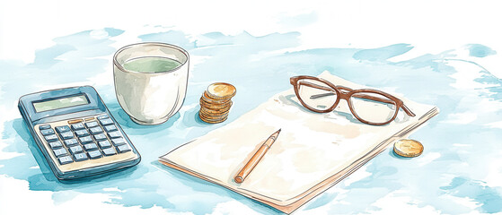 Calculator, glasses, notes, and coins on a desk, white isolate background