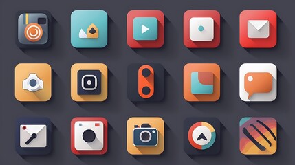 Poster - Colorful app icons in a flat design style with long shadows.