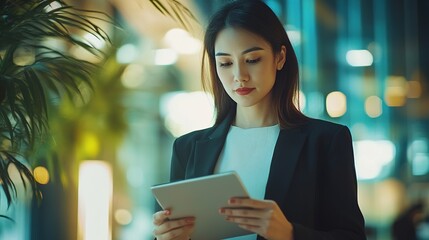 Sticker - Professional Woman Using Tablet in Modern Workspace