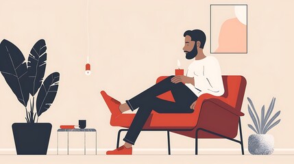 Poster - Man is sitting in a red armchair, relaxing and enjoying a cup of coffee. The room is minimalist and modern, with a simple design and calming atmosphere.