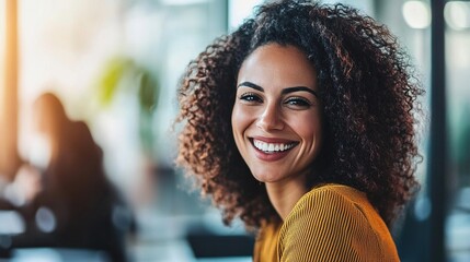 Sticker - Smiling Woman with Curly Hair in Modern Setting